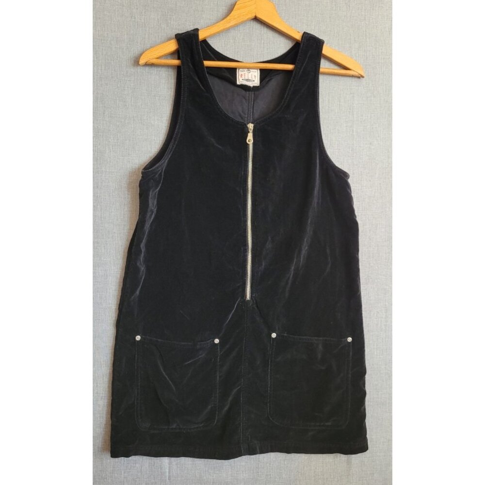 Vintage Y2K 90s Black Velour Jumper Dress with Pockets Small